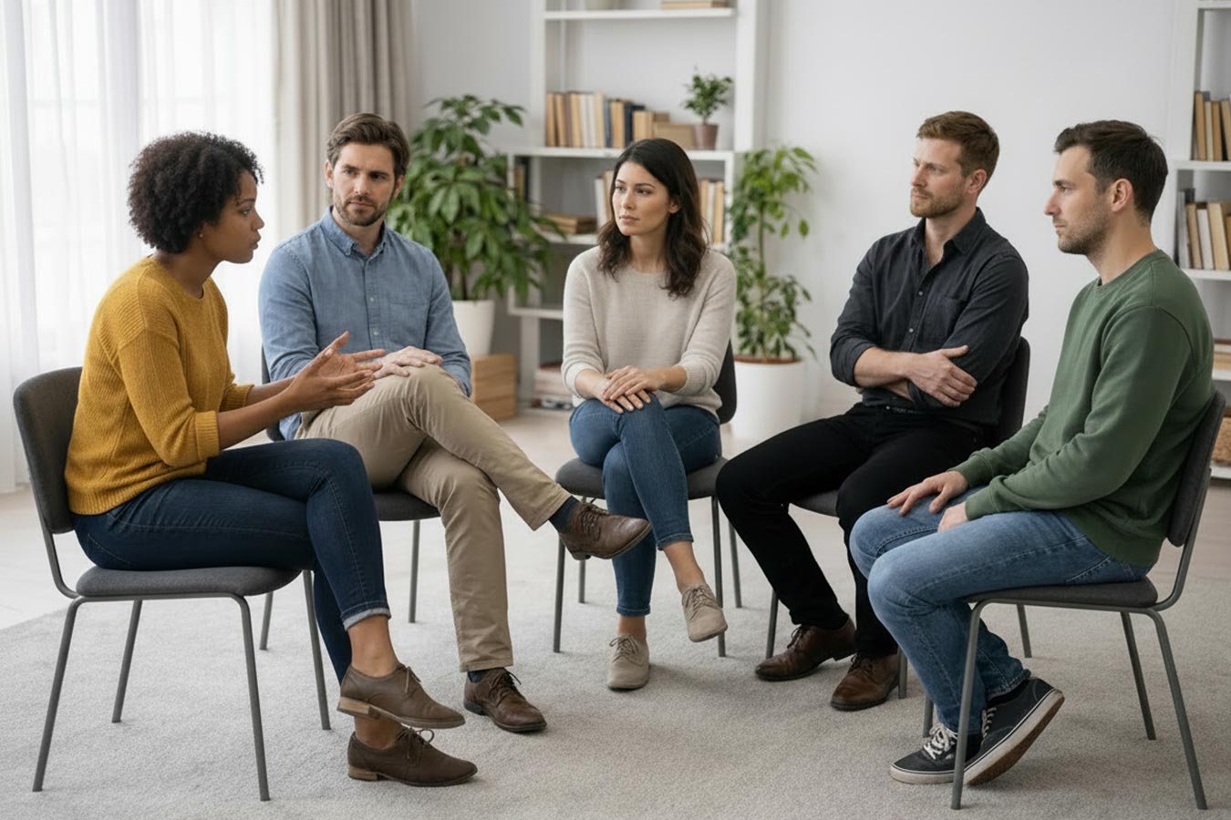 Thueringer-Weiterbildungskreis-Balint-Gruppe junge Menschen sitzen in einem Stuhlkreis während der Balint-Gruppenarbeit