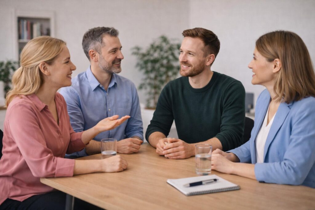 zwei Frauen und zwei Männer sitzen an einem Tisch. Einer der Männer wird vorgestellt. - Symbolbild Mitglied werden
