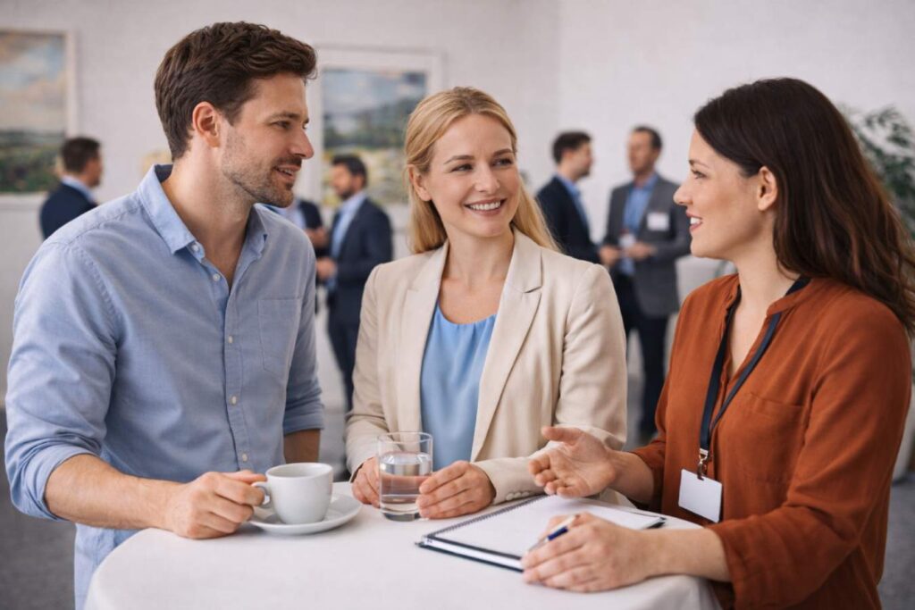 ein Mann und zwei Frauen an einem Stehtisch sind im Gespräch - Symbolbild Austausch und Vernetzung
