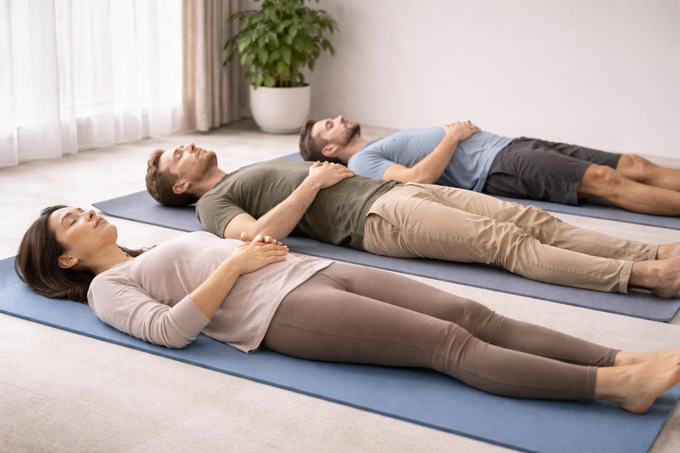 Thueringer-Weiterbildungskreis-Weiterbildung-Autogenes-Training eine Frau und zwei Männer liegen auf Gymnasticmatten und erlernen das autogene Training