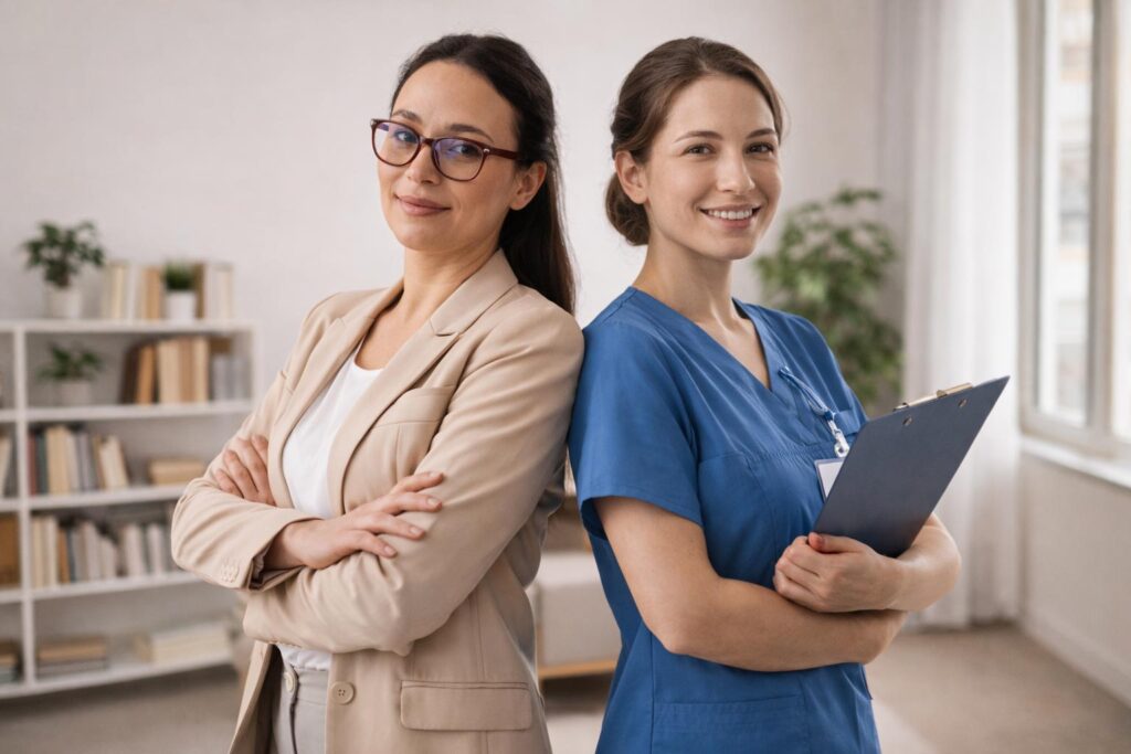 zwei Frauen stehen Rücken an Rücken - Symbolbild für medizinisches Personal