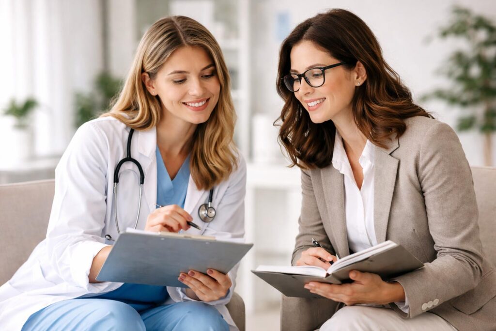 Weiterbildungen-fuer-Aerzte-Thueringer-Weiterbildungskreis Ärztin und Psychologin sprechen über einen Patientne - Symbolbild Weiterbildungen