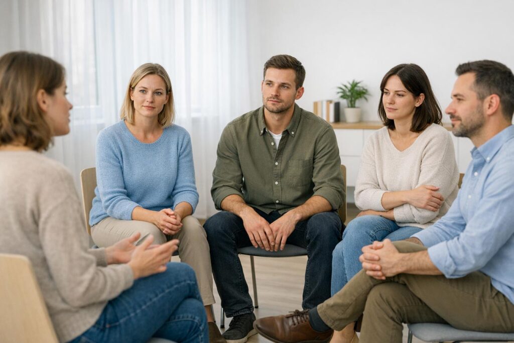 junge Menschen sitzen in einem Stuhlkreis während der Balint-Gruppenarbeit