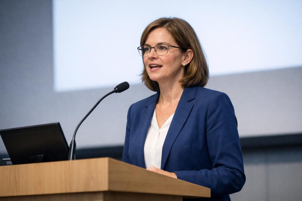 Frau spricht an Rednerpult - jährliche Fachtagung des Thüringer Weiterbildungskreises