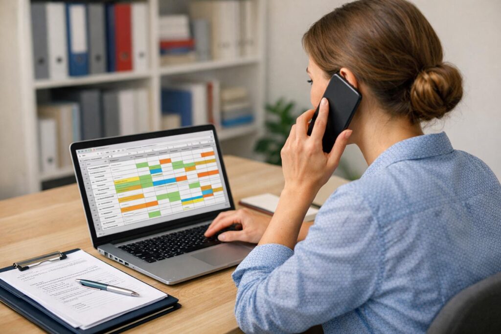 brünette Frau sitzt vor einem Laptop und telefoniert - Symbolbild für die Organisation einer Fachtagung