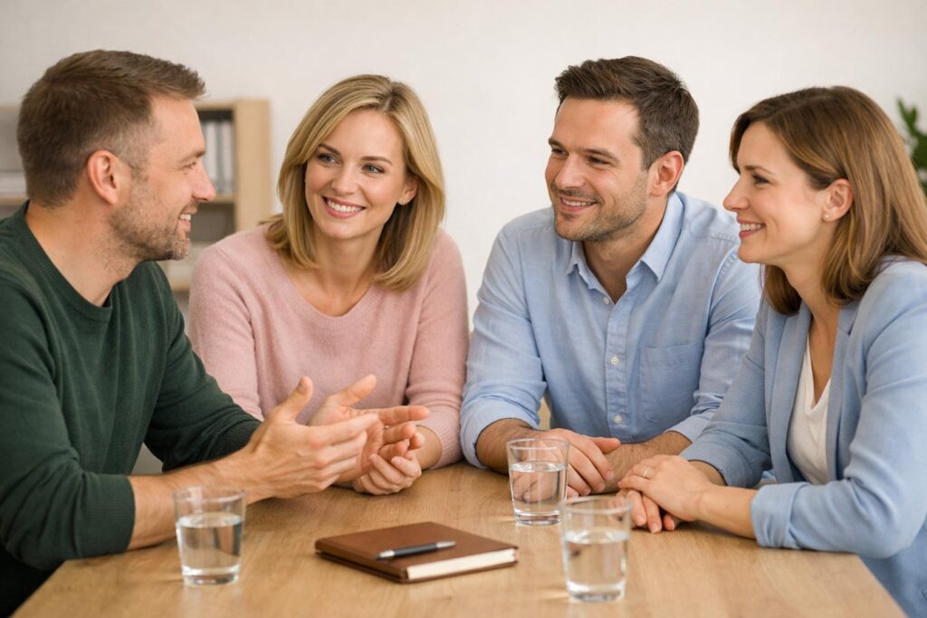 zwei Männer und zwei Frauen sitzen an einem Tisch und sind im Austausch miteinander - Symbolbild Mitglied werden