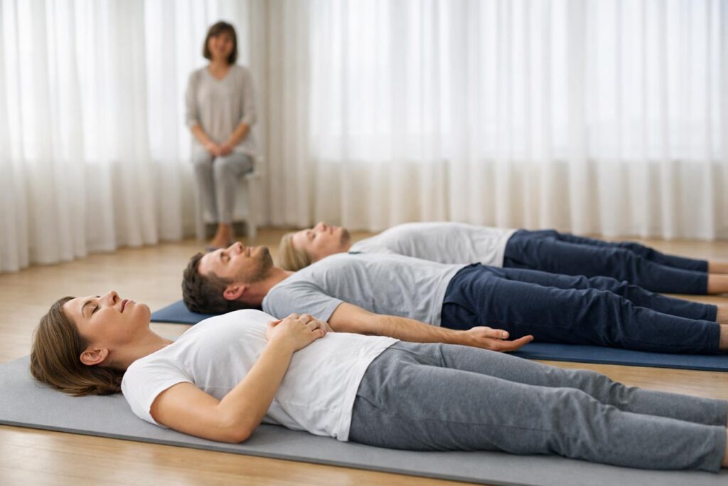 Ausbildung Autogenes Training: eine Frau und zwei Männer liegen auf Gymnastikmatten und erlernen das autogene Training.