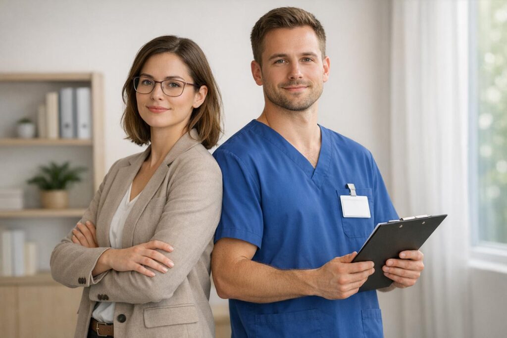 Psychologin und Pfleger stehen Rücken an Rücken - Symbolbild für medizinisches Personal