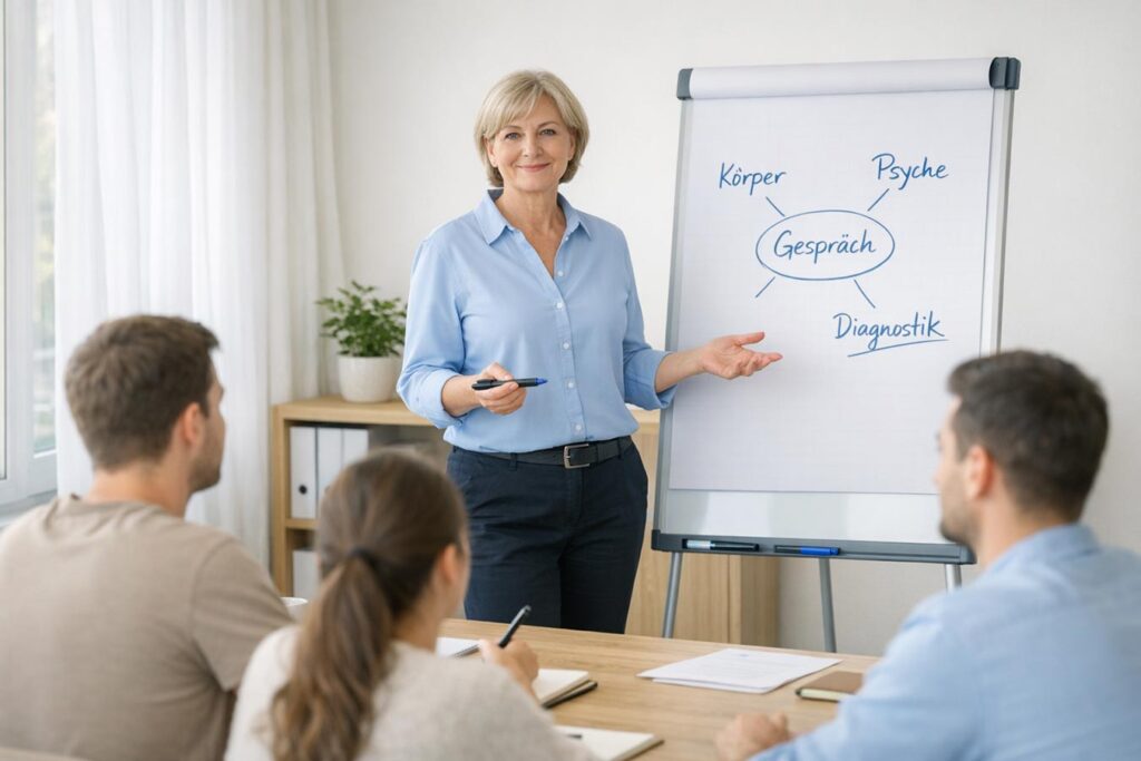 Weiterbildungsteilnehmer hören der Dozentin zu, die vorne im Raum an einer Flipchart steht - Symbolbild Weiterbildung Psychosomatische Grundversorgung
