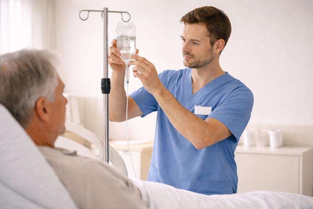 Pfleger steht am Bett eines Patienten und stellt die Infusion ein - Symbolbild Weiterbildunegn Pflegefachpersonal